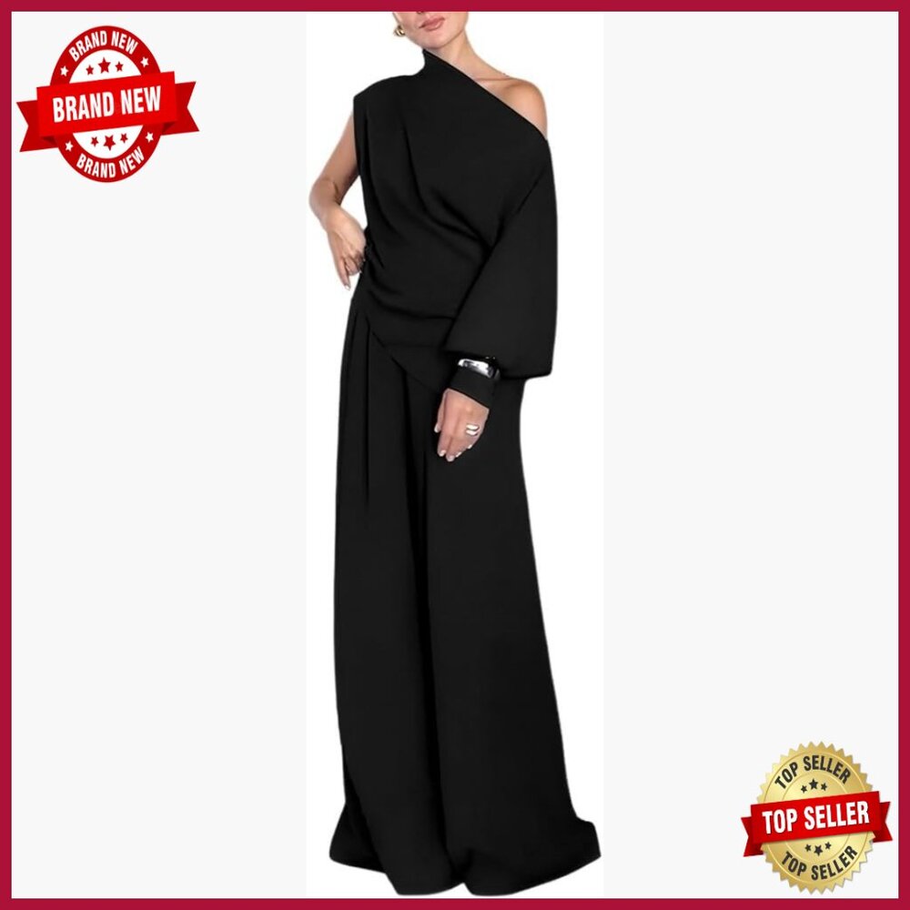 Large Polyester Blend One Shoulder Lantern Sleeve Top Flowy Wide Leg Pants Set